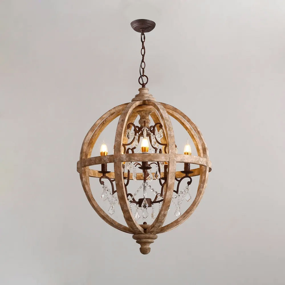 Retro Rustic Weathered Wooden Globe Caged Rust Metal Scroll Crystal 5-Light Chandelier Lighting