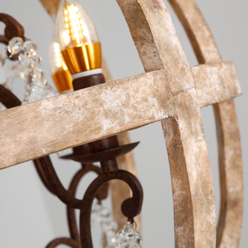 Retro Rustic Weathered Wooden Globe Caged Rust Metal Scroll Crystal 5-Light Chandelier Lighting