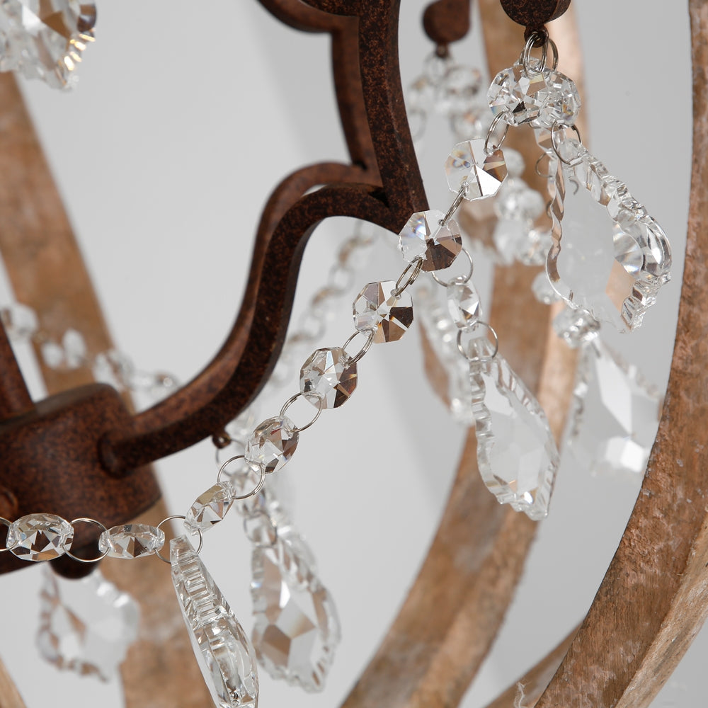 Retro Rustic Weathered Wooden Globe Caged Rust Metal Scroll Crystal 5-Light Chandelier Lighting