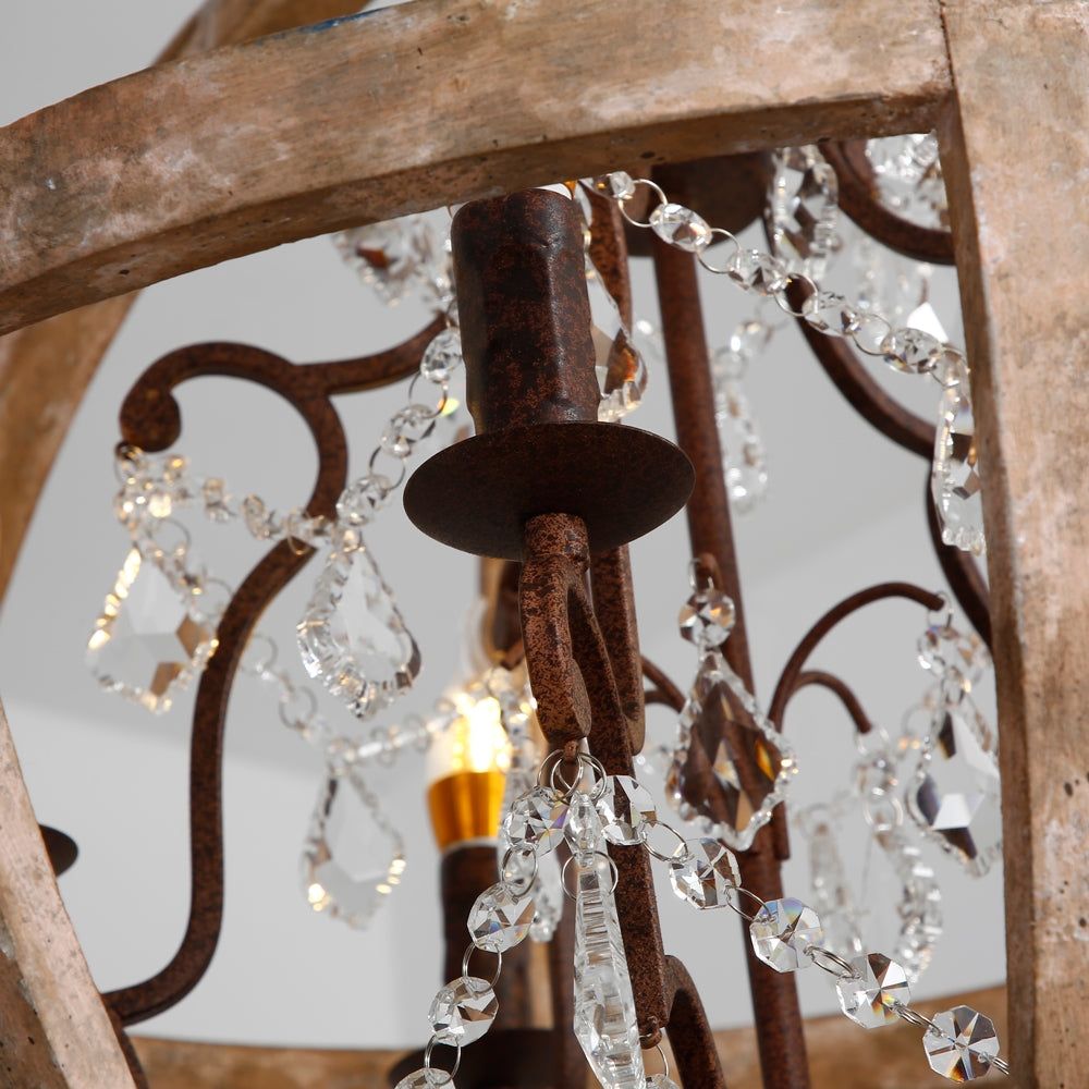 Retro Rustic Weathered Wooden Globe Caged Rust Metal Scroll Crystal 5-Light Chandelier Lighting