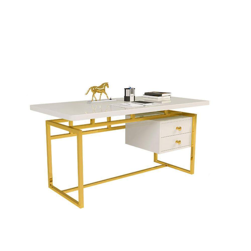 71" White Writing Desk Modern Computer Desk with 2-Drawer in Gold-Desks,Furniture,Office Furniture