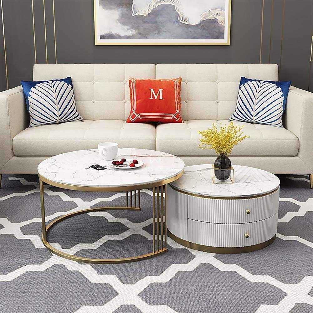 2 Pieces White Round Nesting Wooden Coffee Table with Drawers Faux Marble Top-Coffee Tables,Furniture,Living Room Furniture