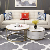 2 Pieces White Round Nesting Wooden Coffee Table with Drawers Faux Marble Top-Coffee Tables,Furniture,Living Room Furniture
