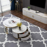 2 Pieces White Round Nesting Wooden Coffee Table with Drawers Faux Marble Top-Coffee Tables,Furniture,Living Room Furniture