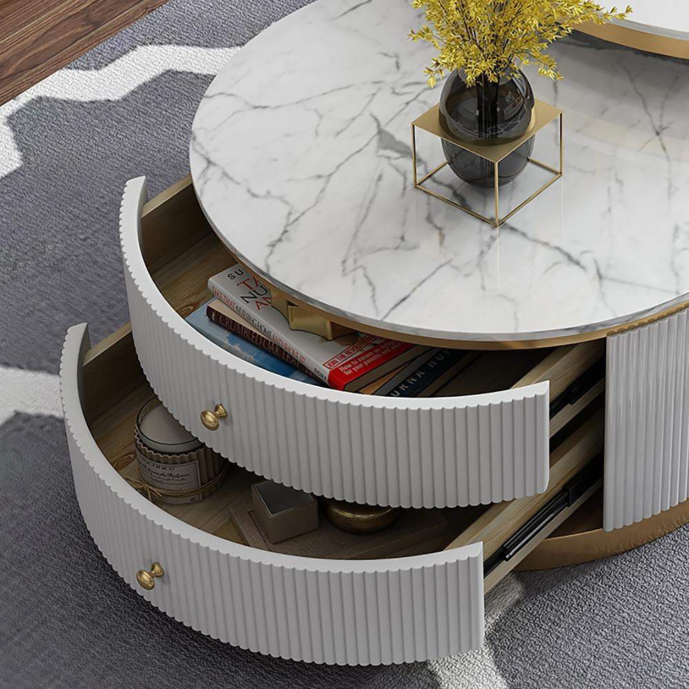 2 Pieces White Round Nesting Wooden Coffee Table with Drawers Faux Marble Top-Coffee Tables,Furniture,Living Room Furniture