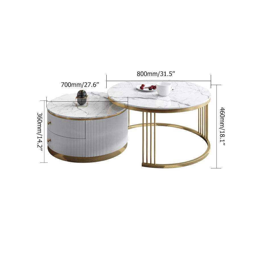 2 Pieces White Round Nesting Wooden Coffee Table with Drawers Faux Marble Top-Coffee Tables,Furniture,Living Room Furniture