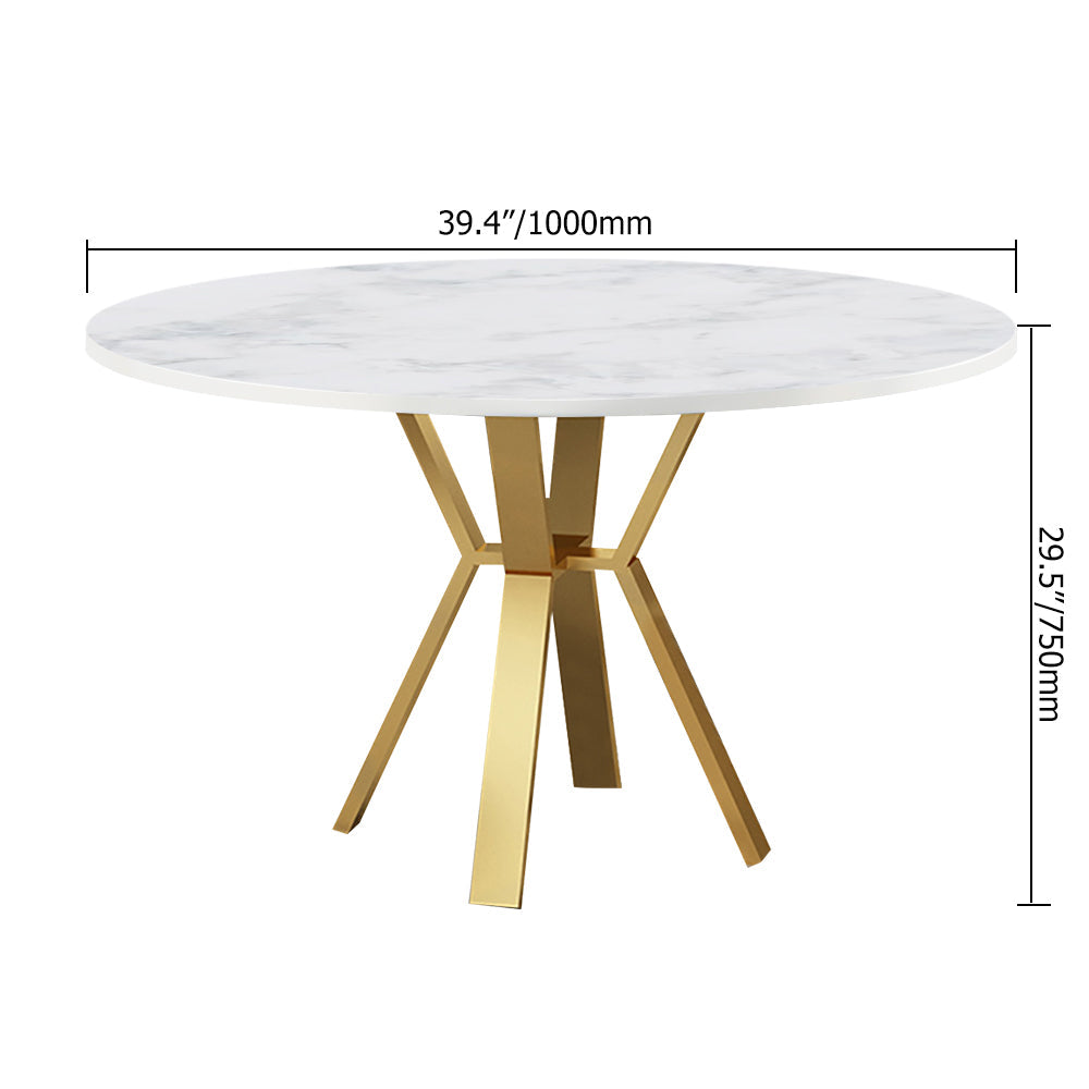 White Round Faux Marble Dining Table Modern Table for Dining with Metal Base in Gold