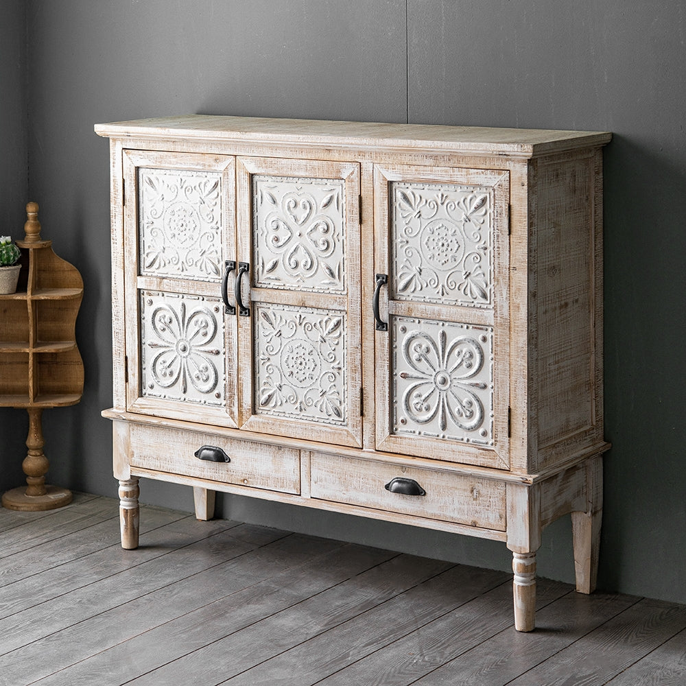 Farmhouse Distressed White Cabinet Artistic Surface with 2 Doors 2 Drawers 2 Shelves