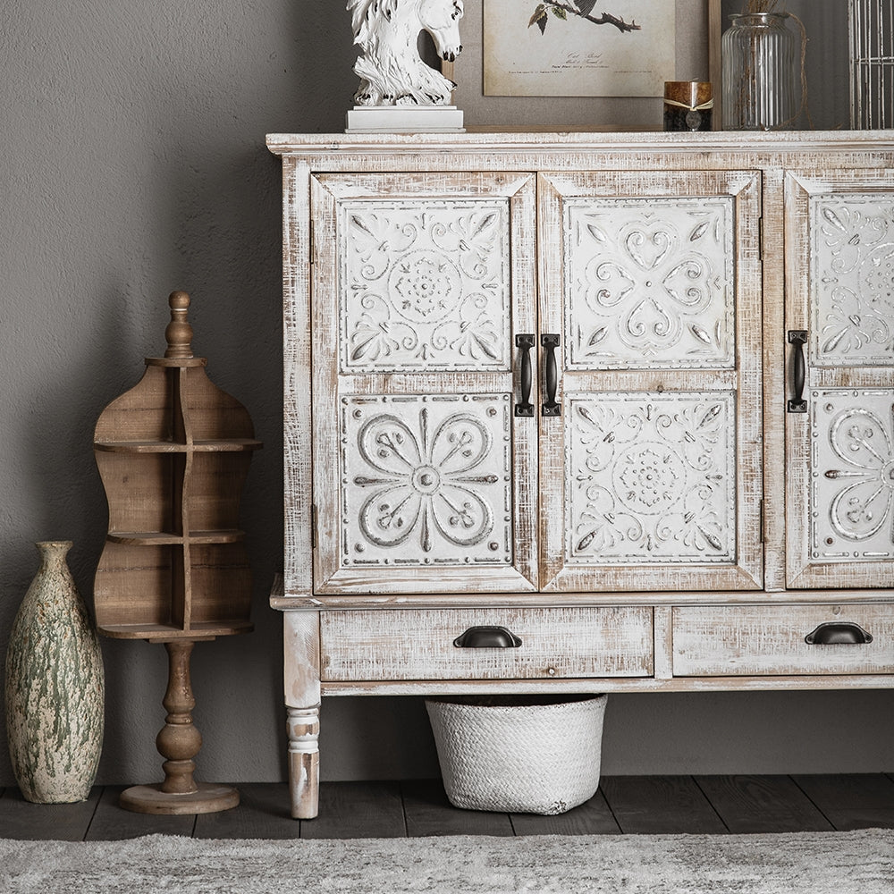 Farmhouse Distressed White Cabinet Artistic Surface with 2 Doors 2 Drawers 2 Shelves