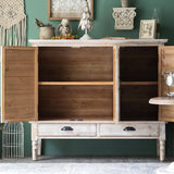 Farmhouse Distressed White Cabinet Artistic Surface with 2 Doors 2 Drawers 2 Shelves