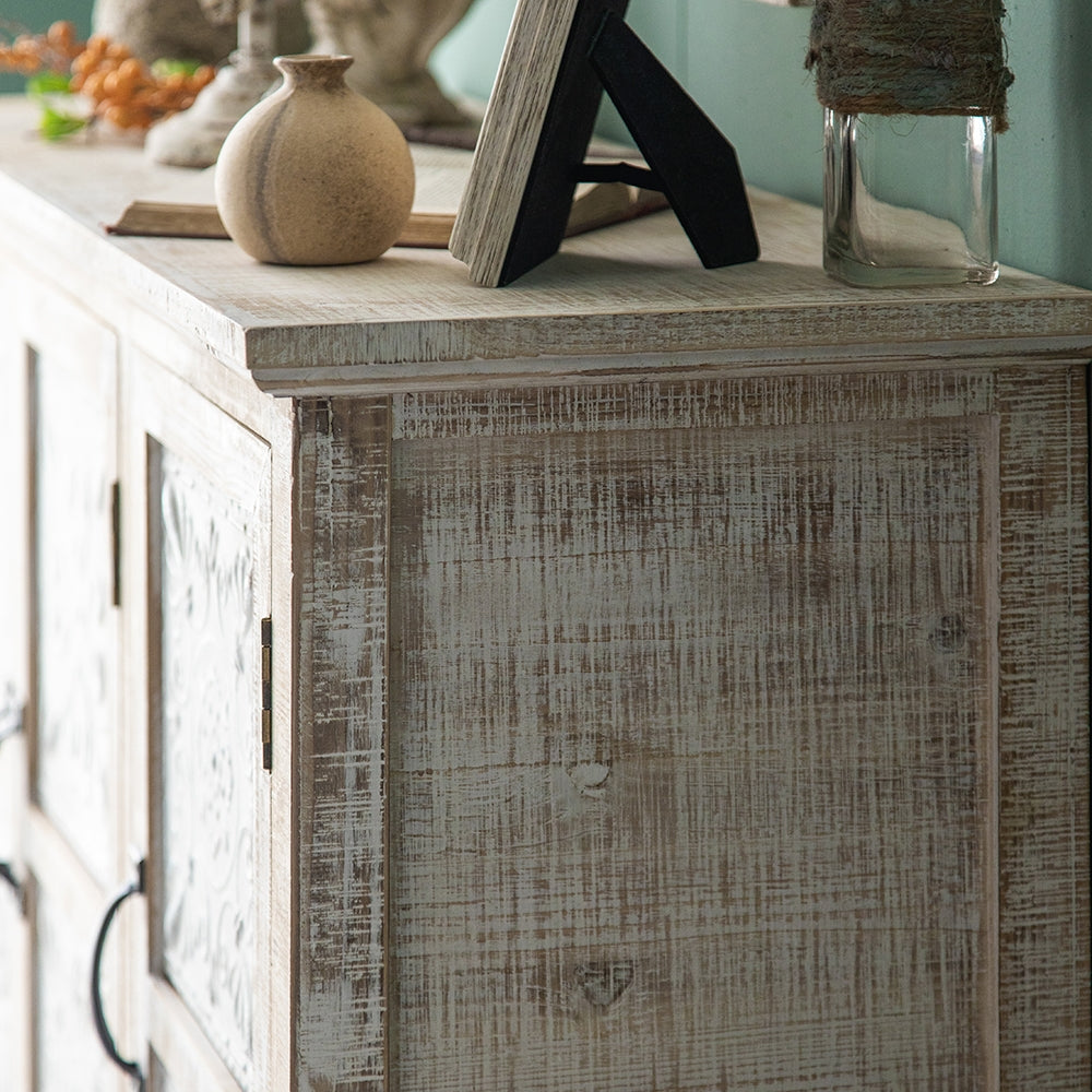 Farmhouse Distressed White Cabinet Artistic Surface with 2 Doors 2 Drawers 2 Shelves