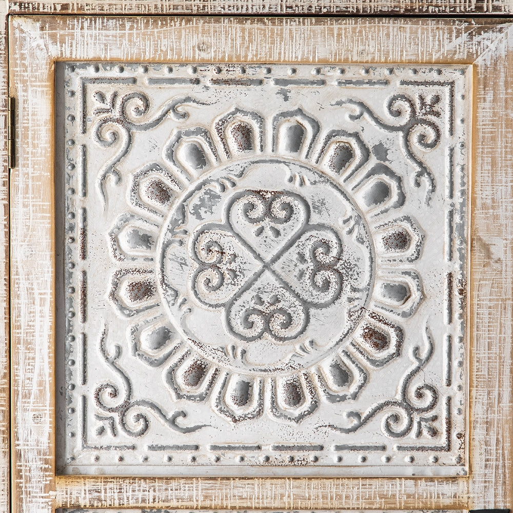 Farmhouse Distressed White Cabinet Artistic Surface with 2 Doors 2 Drawers 2 Shelves