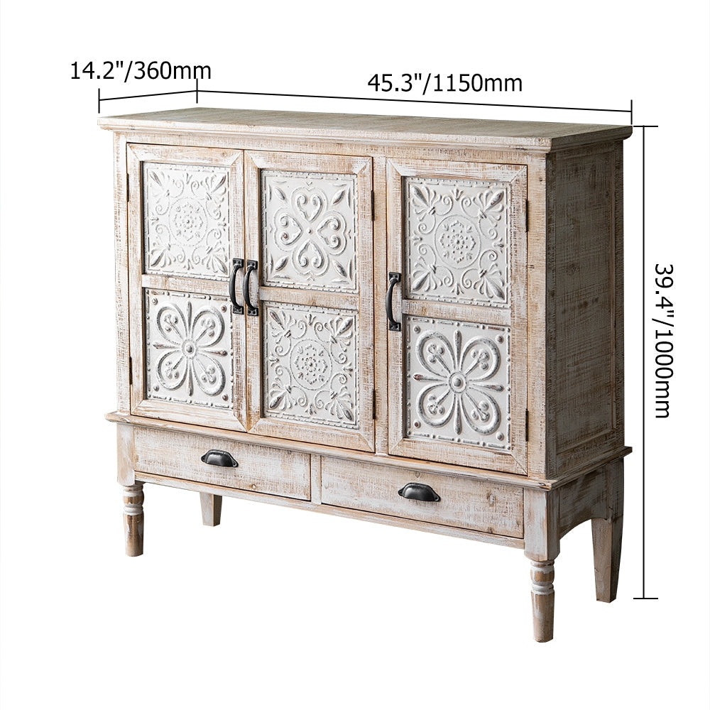 Farmhouse Distressed White Cabinet Artistic Surface with 2 Doors 2 Drawers 2 Shelves