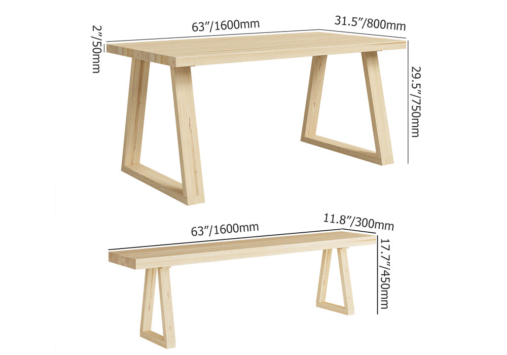 63" Natural Rectangular Dining Table Pine Wood Table for Dining