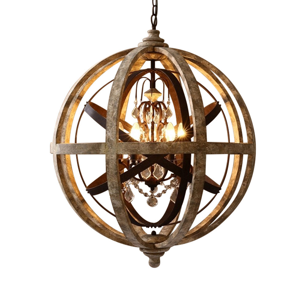 Retro Rustic Weathered Wooden Globe Metal Orb Crystal 5-Light Chandelier in Large