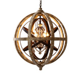 Retro Rustic Weathered Wooden Globe Metal Orb Crystal 5-Light Chandelier in Large