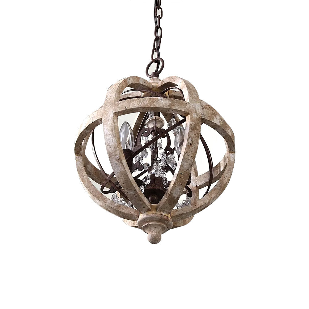 Retro Rustic Weathered Wooden Globe Metal Orb Crystal 5-Light Chandelier in Large