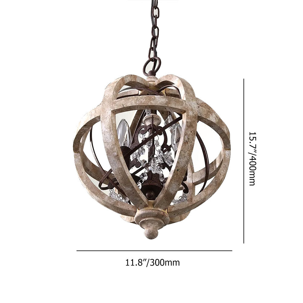 Retro Rustic Weathered Wooden Globe Metal Orb Crystal 5-Light Chandelier in Large