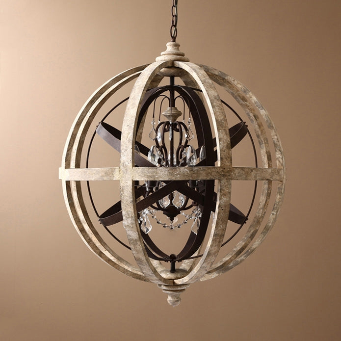Retro Rustic Weathered Wooden Globe Metal Orb Crystal 5-Light Chandelier in Large