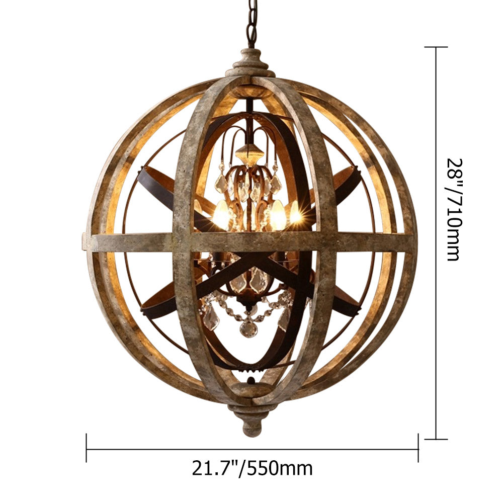 Retro Rustic Weathered Wooden Globe Metal Orb Crystal 5-Light Chandelier in Large