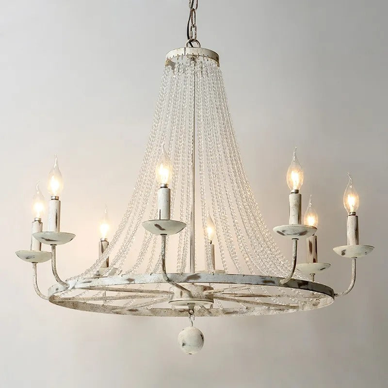Pena Rustic Candle-Shaped 12-Light Crystal Bead Strands Metal Wheel Chandelier