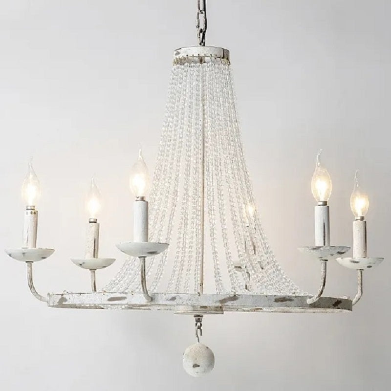 Pena Rustic Candle-Shaped 12-Light Crystal Bead Strands Metal Wheel Chandelier