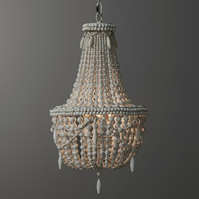 Farmhouse Distressed Wood Beaded 3-Light Large Chandelier in Antique White