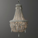 Farmhouse Distressed Wood Beaded 3-Light Large Chandelier in Antique White