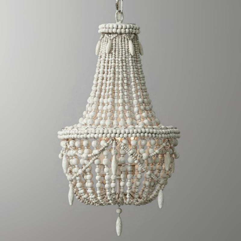 Farmhouse Distressed Wood Beaded 3-Light Large Chandelier in Antique White