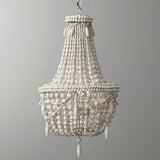 Farmhouse Distressed Wood Beaded 3-Light Large Chandelier in Antique White