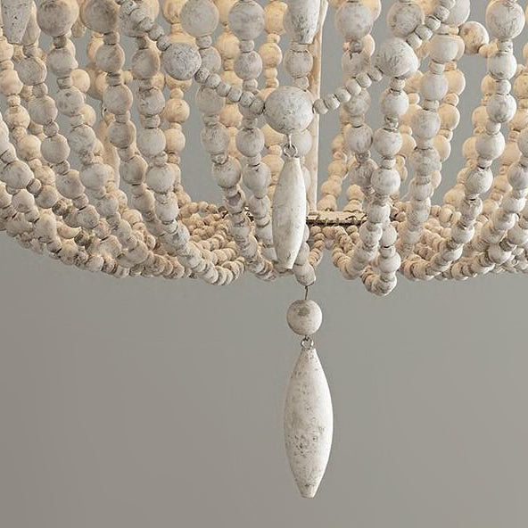 Farmhouse Distressed Wood Beaded 3-Light Large Chandelier in Antique White