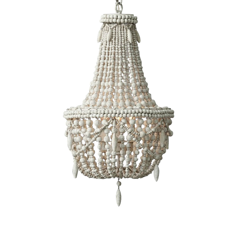 Farmhouse Distressed Wood Beaded 3-Light Large Chandelier in Antique White