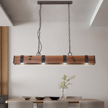 Rowen Industrial Loft Style 4-Light LED Linear Rust Wood & Metal Island Pendant Light