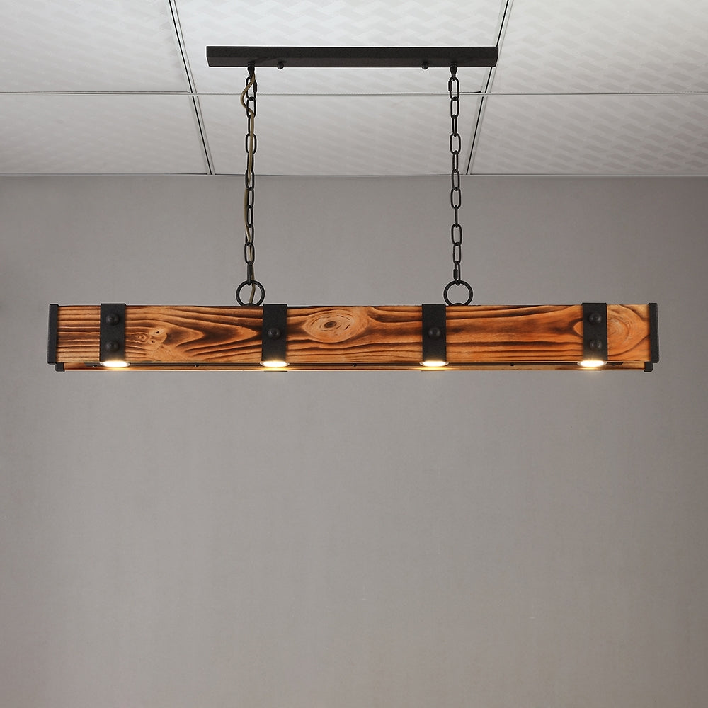 Rowen Industrial Loft Style 4-Light LED Linear Rust Wood & Metal Island Pendant Light