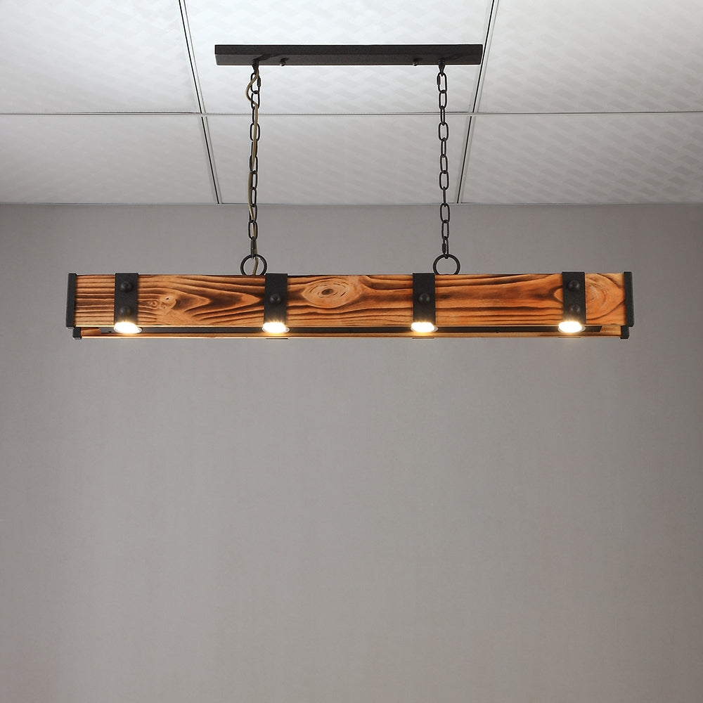 Rowen Industrial Loft Style 4-Light LED Linear Rust Wood & Metal Island Pendant Light