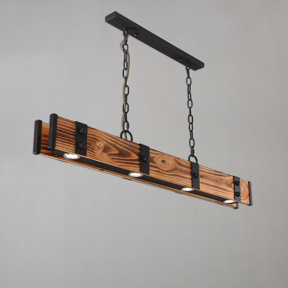 Rowen Industrial Loft Style 4-Light LED Linear Rust Wood & Metal Island Pendant Light