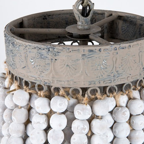 Vintage Retro 3-Light White Washed Aged Wood Beads Pendant Light Rustic Wrought Iron Band in Brown