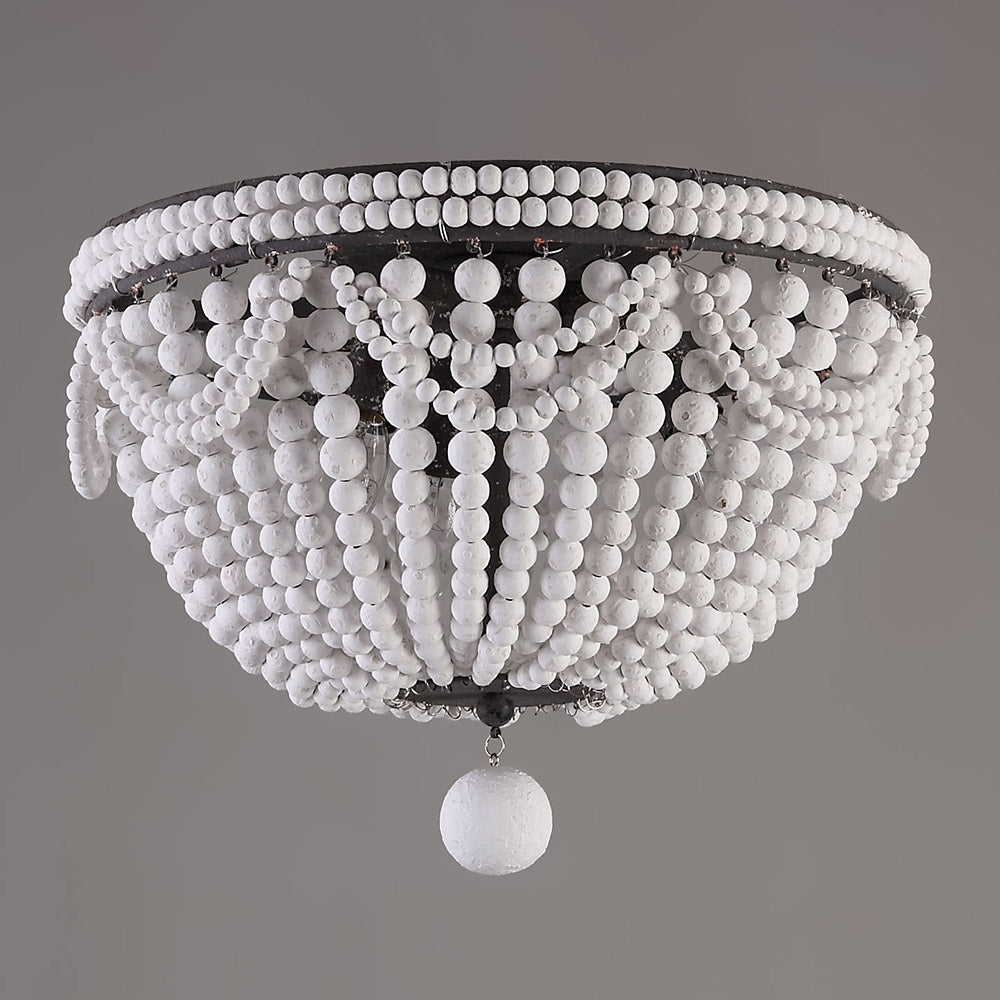 Retro Farmhouse Distressed White Wood Bead Cascade 3-Light Dome Shaped Flush Mount Ceiling Light in Rust