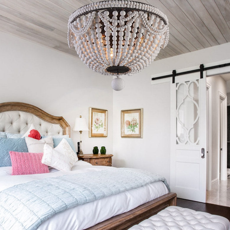 Retro Farmhouse Distressed White Wood Bead Cascade 3-Light Dome Shaped Flush Mount Ceiling Light in Rust