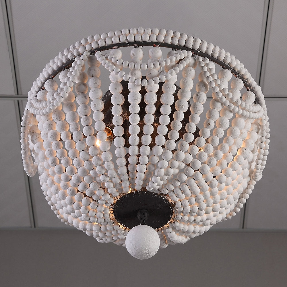 Retro Farmhouse Distressed White Wood Bead Cascade 3-Light Dome Shaped Flush Mount Ceiling Light in Rust