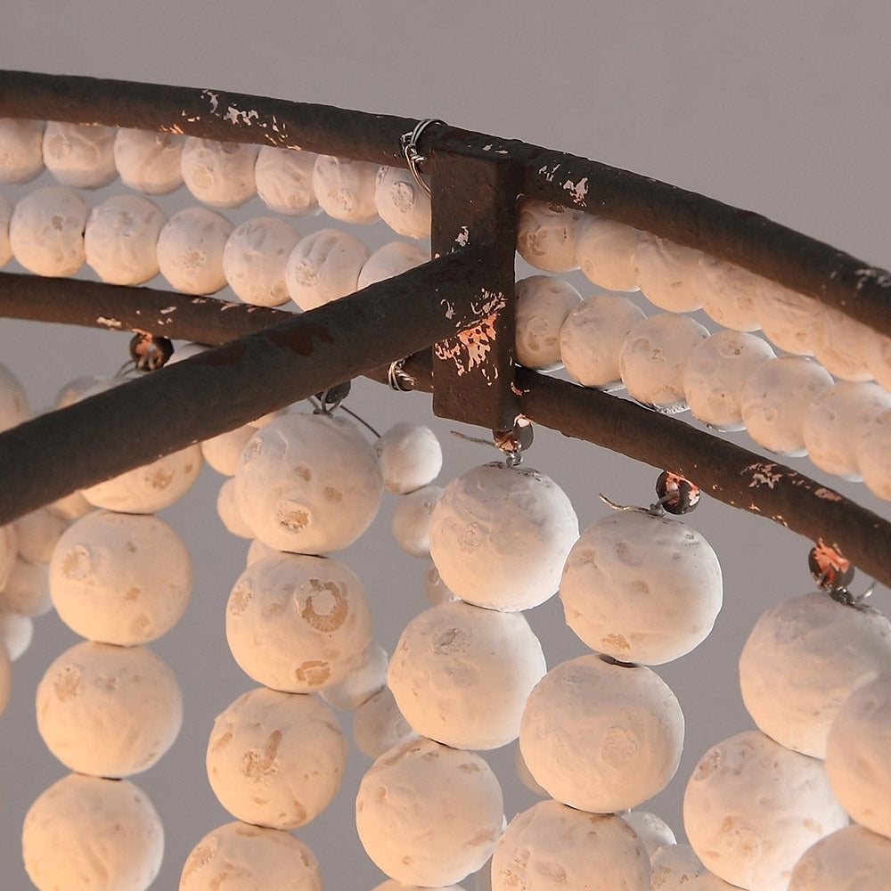 Retro Farmhouse Distressed White Wood Bead Cascade 3-Light Dome Shaped Flush Mount Ceiling Light in Rust