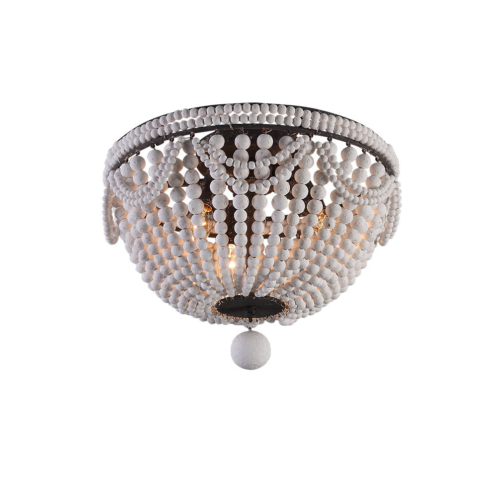 Retro Farmhouse Distressed White Wood Bead Cascade 3-Light Dome Shaped Flush Mount Ceiling Light in Rust