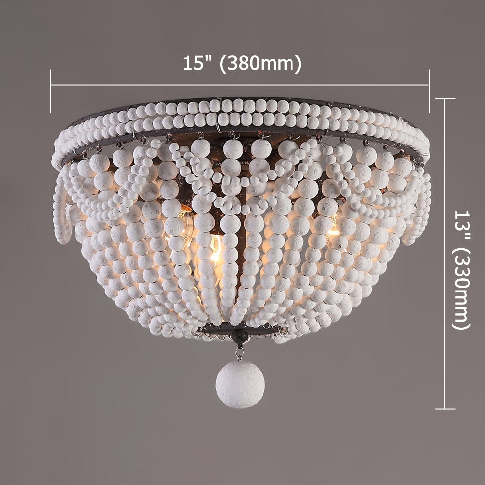 Retro Farmhouse Distressed White Wood Bead Cascade 3-Light Dome Shaped Flush Mount Ceiling Light in Rust