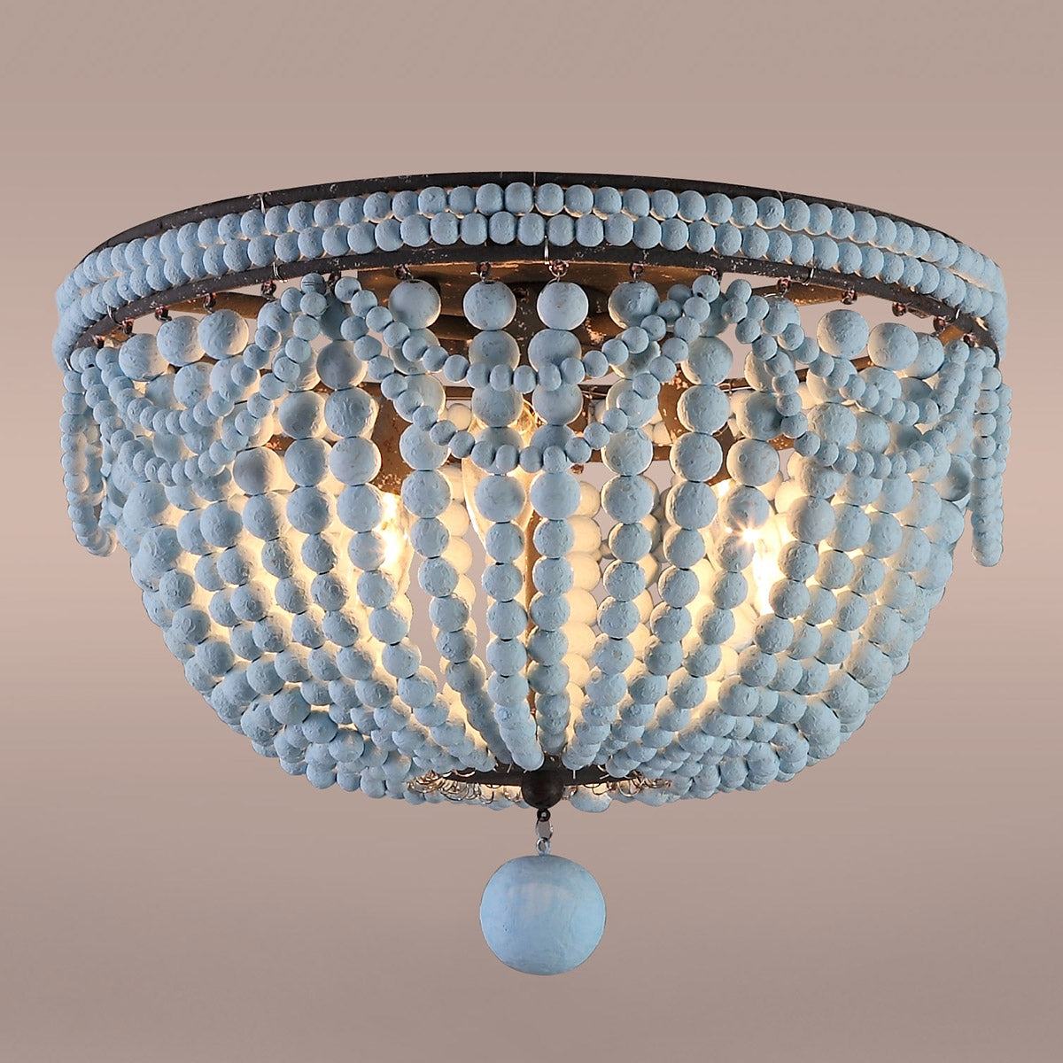 Retro Farmhouse Distressed White Wood Bead Cascade 3-Light Dome Shaped Flush Mount Ceiling Light in Rust