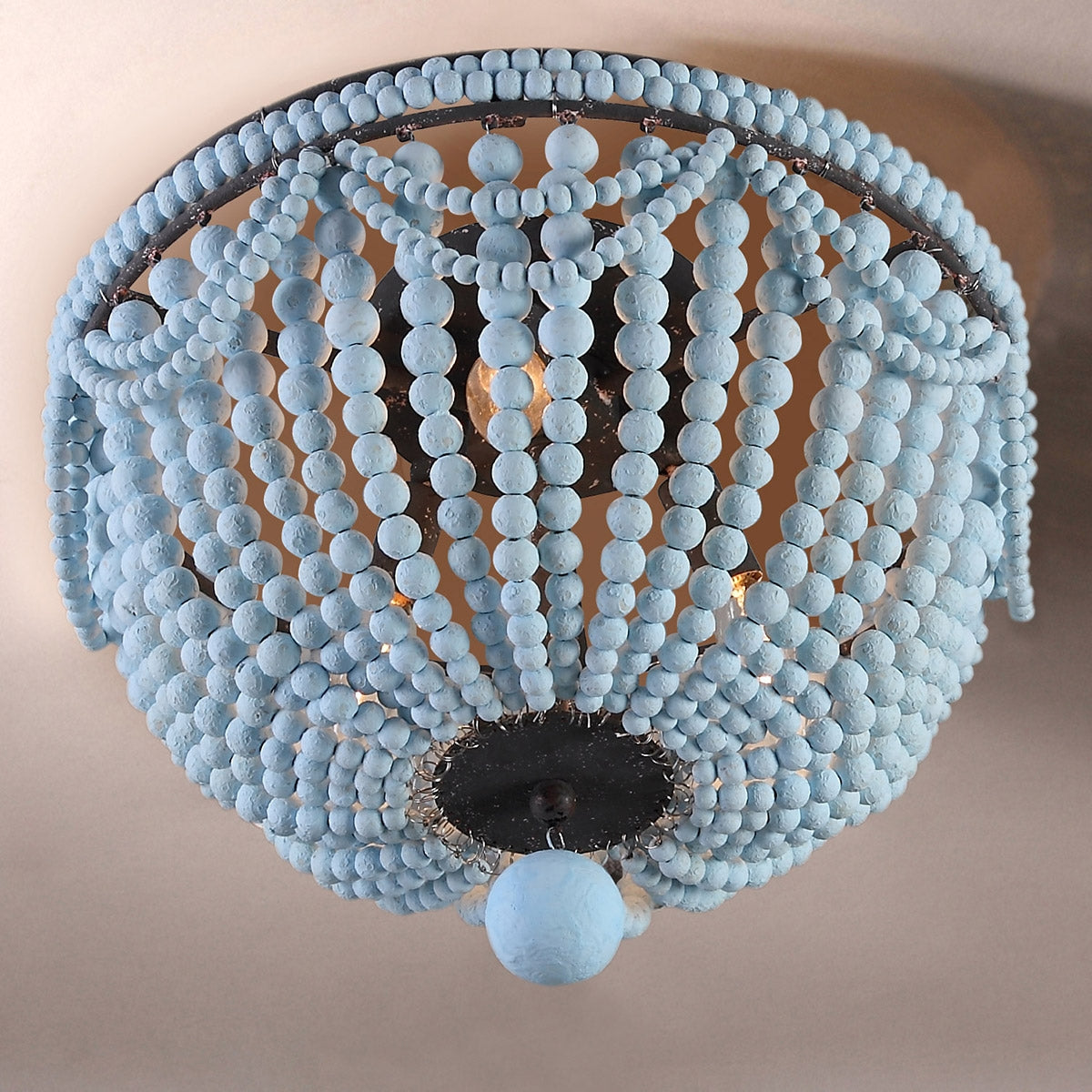 Retro Farmhouse Distressed White Wood Bead Cascade 3-Light Dome Shaped Flush Mount Ceiling Light in Rust