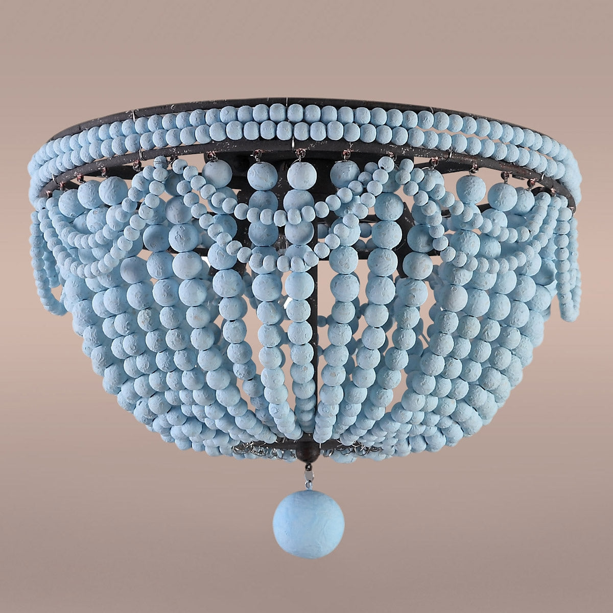 Retro Farmhouse Distressed White Wood Bead Cascade 3-Light Dome Shaped Flush Mount Ceiling Light in Rust