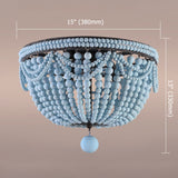 Retro Farmhouse Distressed White Wood Bead Cascade 3-Light Dome Shaped Flush Mount Ceiling Light in Rust