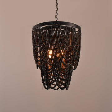 Rustic Farmhouse Dark Brown Wooden Bead Cascade 3-Light Chandelier in Matte Black