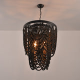 Rustic Farmhouse Dark Brown Wooden Bead Cascade 3-Light Chandelier in Matte Black