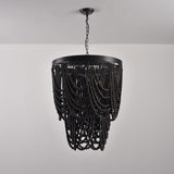 Rustic Farmhouse Dark Brown Wooden Bead Cascade 3-Light Chandelier in Matte Black